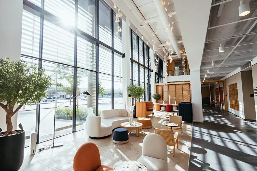 Modern commercial lobby with neutral interior paint