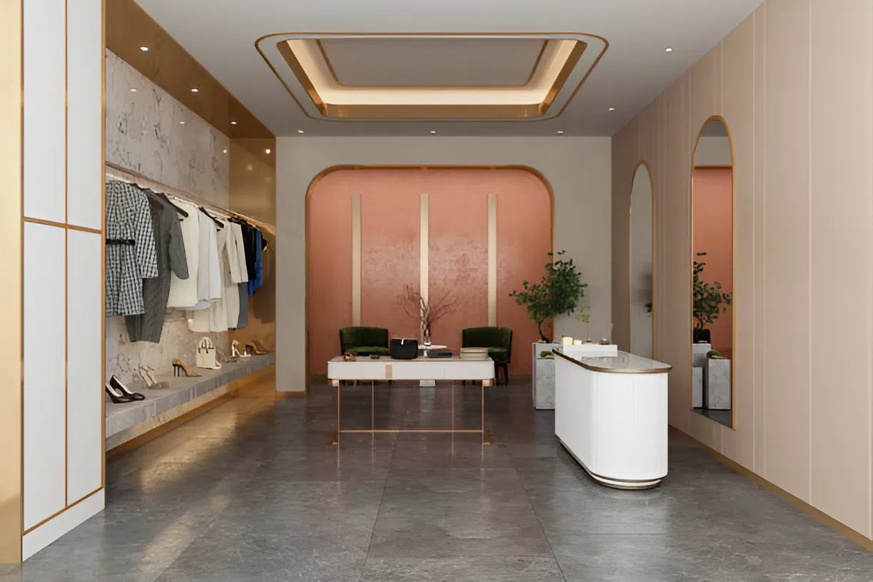 Retail boutique with soft blush accent walls and modern trim detailing by an interior painter in Tampa, FL