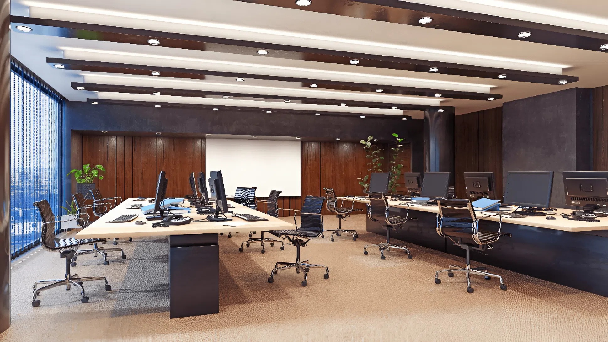 Warm neutral office interior with beige walls and dark wood paneling by a commercial interior painter in Tampa, FL