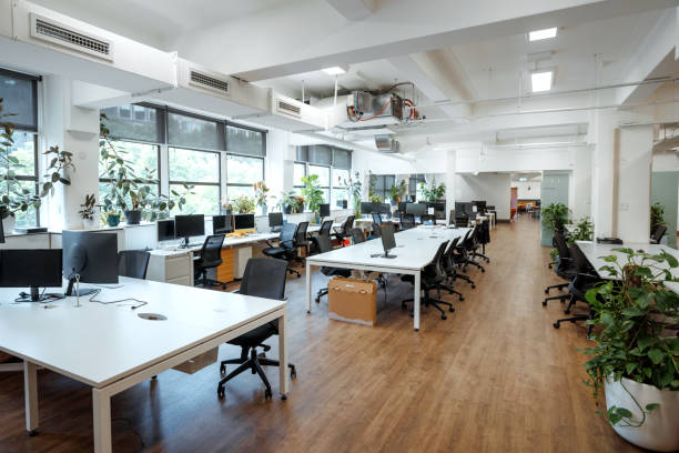 Modern office with crisp white painted walls and ceilings by an interior painter in Pinellas County, FL