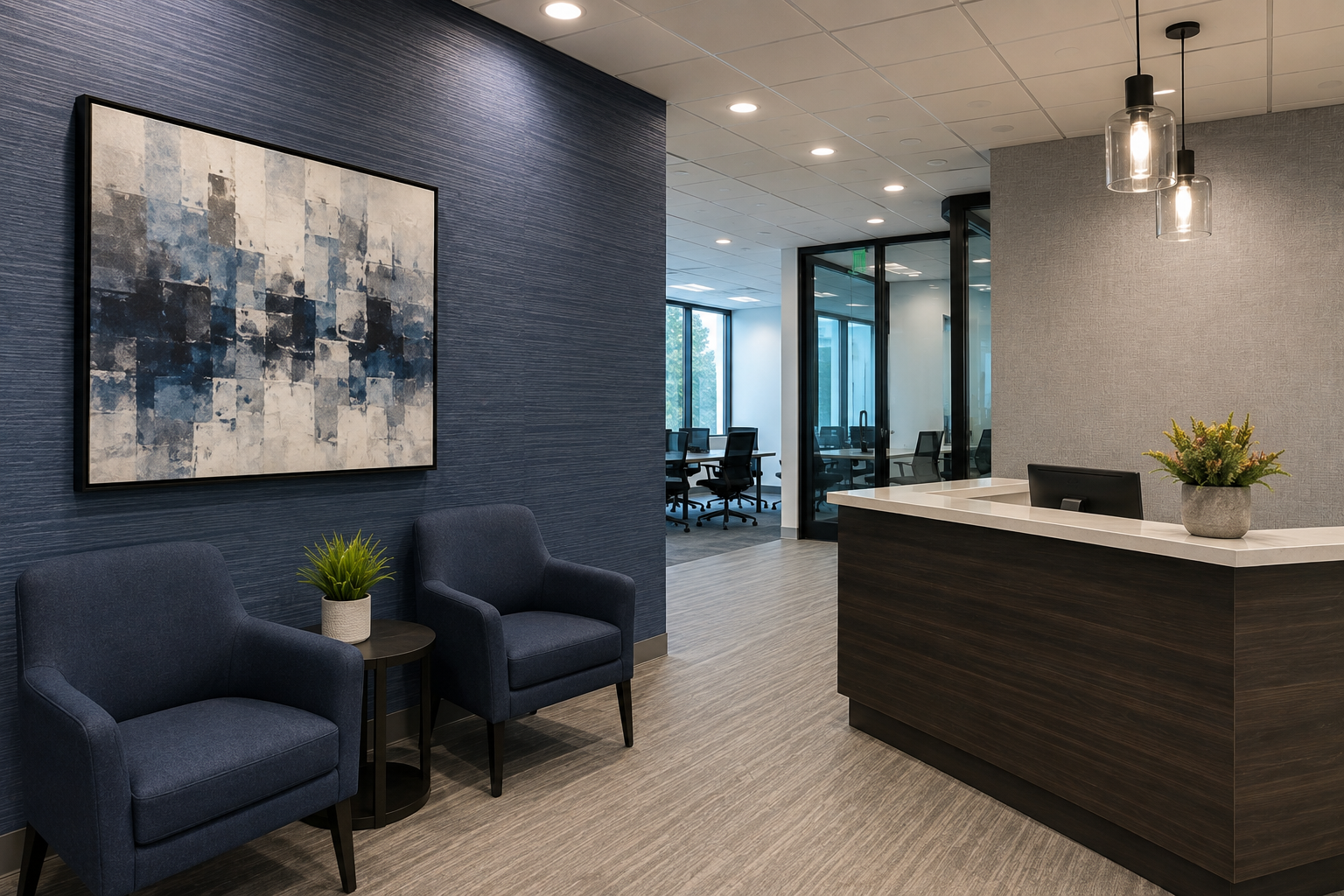 Commercial office reception with textured wallcovering and modern furnishings by an interior painter in Pinellas County, FL