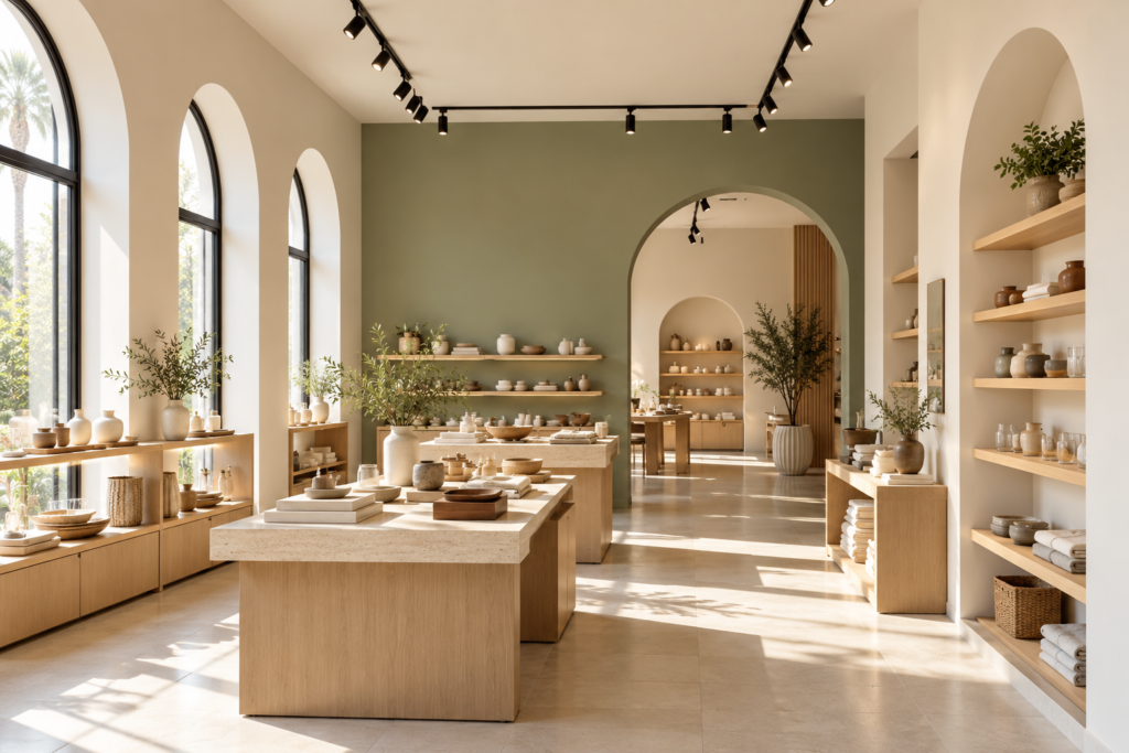 Retail boutique with a sage-green accent wall and smooth matte finishes by an interior painter in Pinellas County, FL.